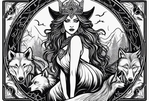 Hecate, goddess of magic and witchcraft in a tarot card with two wolves and symbols tattoo idea