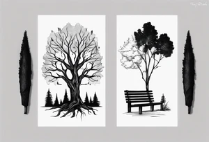 Matching minimalistic Tattoo about a landscape of a tree next to a log bench tattoo idea