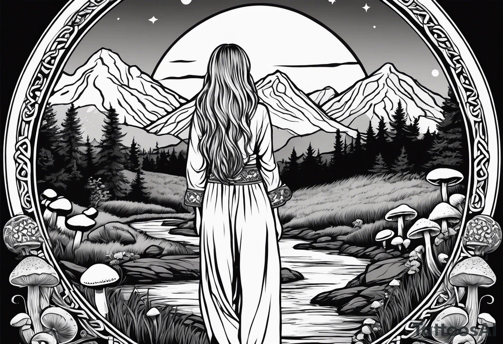 Whole picture encircled fully

Straight long blonde hair hippie girl in distance holding mushrooms in hand facing away toward mountains and creek surrounded by mushrooms long sleeve shirt and hiking pants; whole rendering within a full celtic circle border, no cut off circle tattoo idea