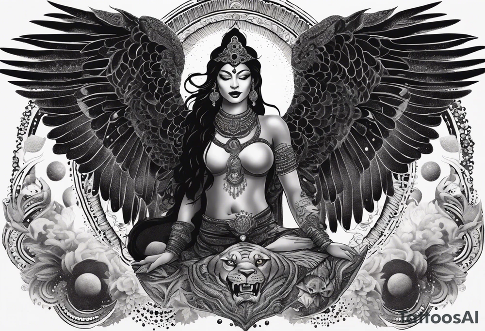 black kali, goddess pirate, alien, angel, pachamama, valkrye, warrior, flying, skull, lotus azul, wing, eagle, zenza resonance, stars, 5D, anahata chakra, death, durga, riding on a tiger, flying lady, kundalini, chest tatoo, samuri, rebel,serpent tattoo idea