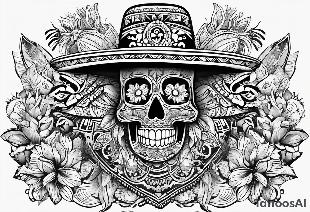 Mexican inspired Tattoo that incorporates love for family and importance of building wealth. Include elements of the pacific northwest tattoo idea