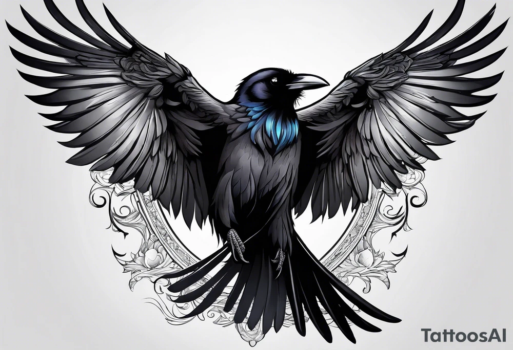 Stading raven with tongue out, blank eyes and long tail wings tattoo idea