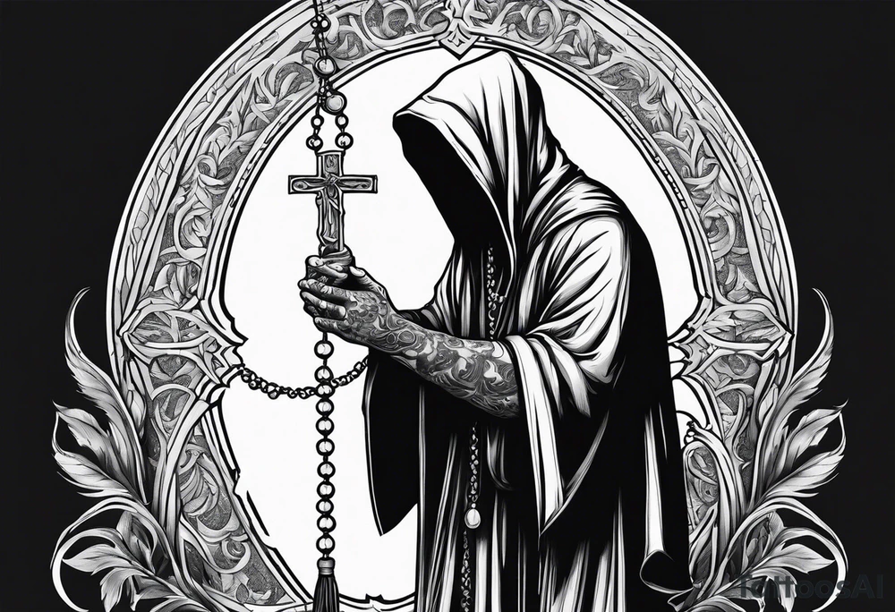 The grim reaper standing from a side profile praying with a rosary wrapped around his hands from a far tattoo idea