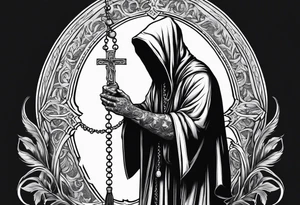 The grim reaper standing from a side profile praying with a rosary wrapped around his hands from a far tattoo idea
