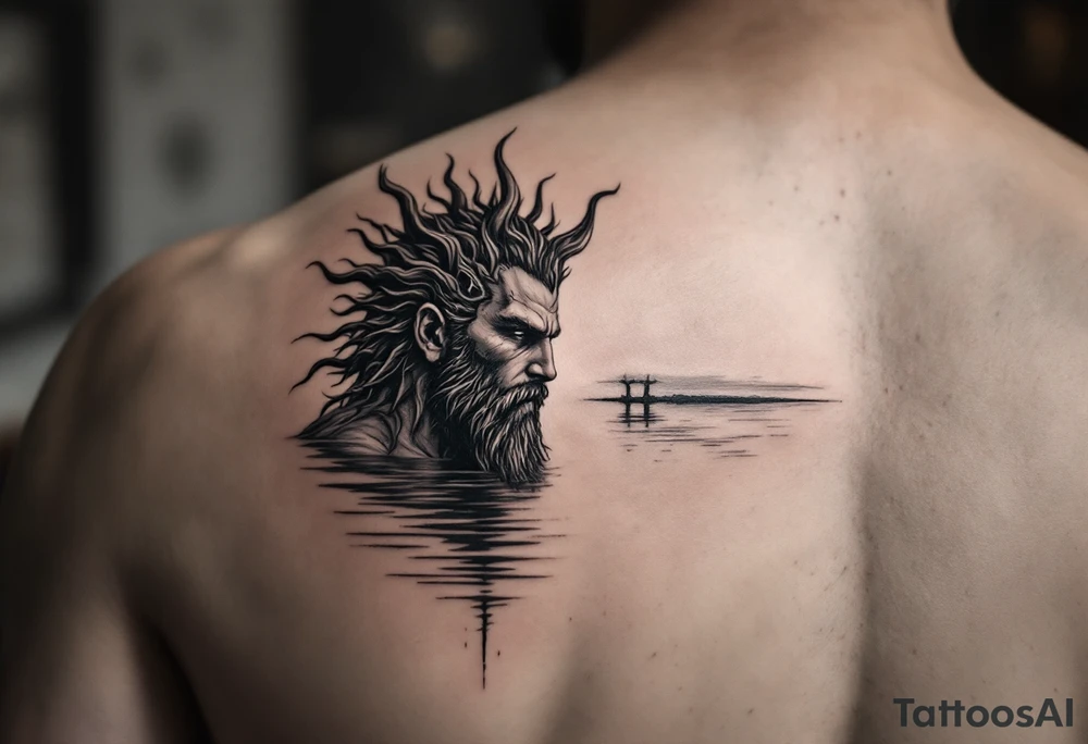 poseidon with trident half way in calm water tattoo idea