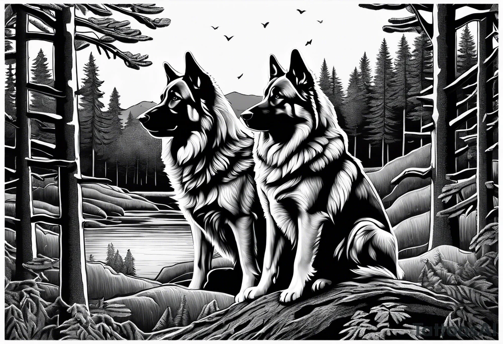 two norwegian elkhounds guarding a dark forest tattoo idea
