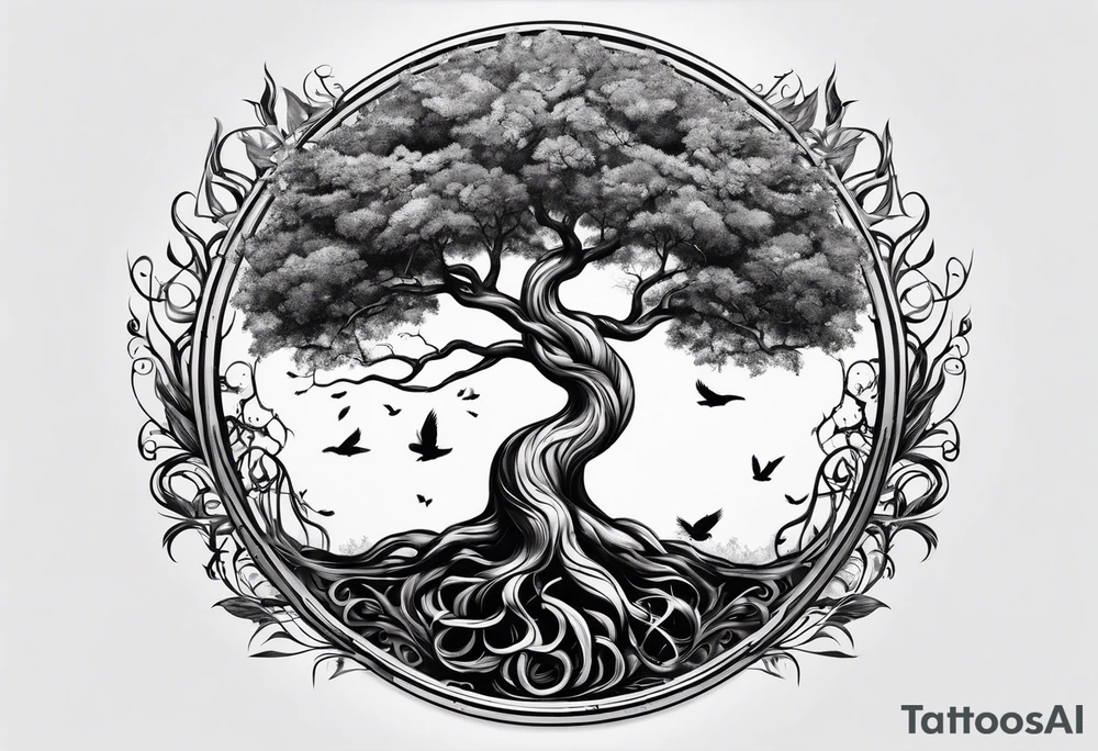 circle of life tree with the roots of the tree wrapped around a hour glass tattoo idea