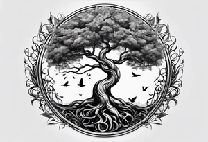 circle of life tree with the roots of the tree wrapped around a hour glass tattoo idea