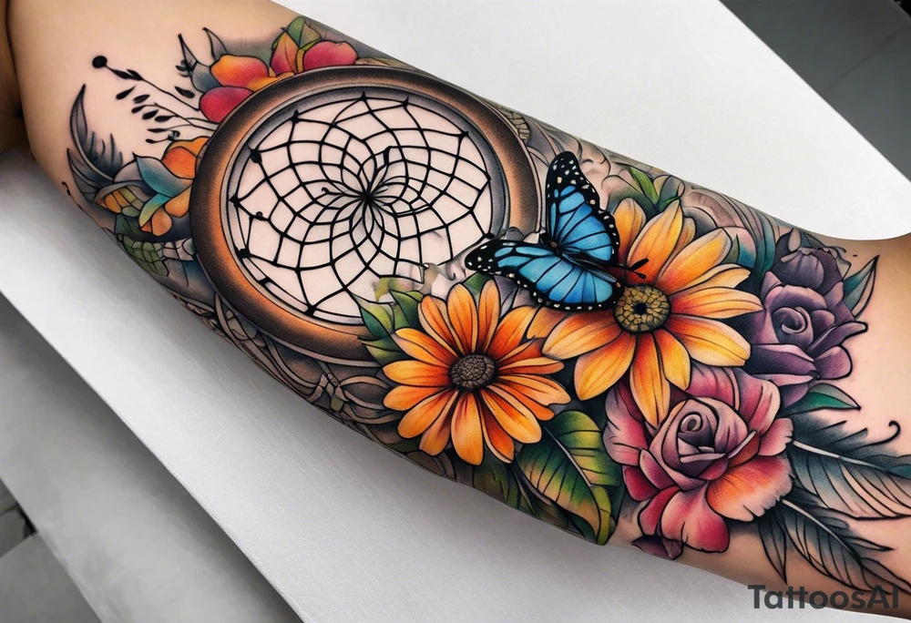 arm sleeve with dreamcatcher, rainbow flowers and one butterfly tattoo idea