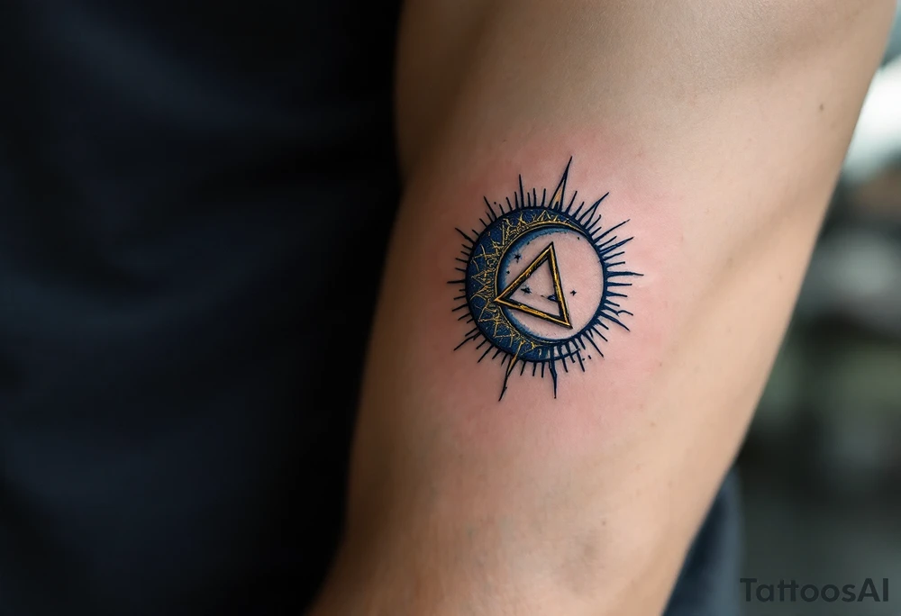 A moon and sun intertwined with a triquetra, in gold and midnight blue tattoo idea