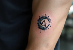 A moon and sun intertwined with a triquetra, in gold and midnight blue tattoo idea