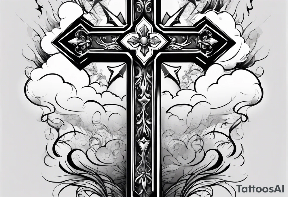 cross with smoke behind it in a storm tattoo idea