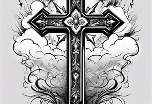 cross with smoke behind it in a storm tattoo idea