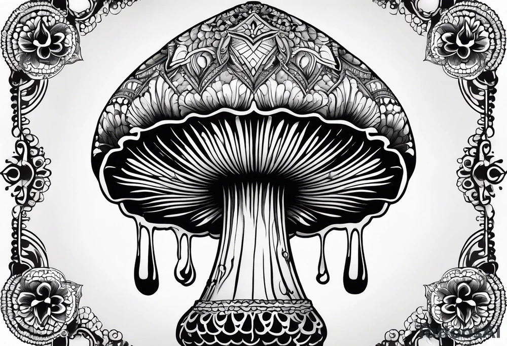 Shaggy cap mushroom dripping ink off cap mandala henna black tattoo design tattoo idea