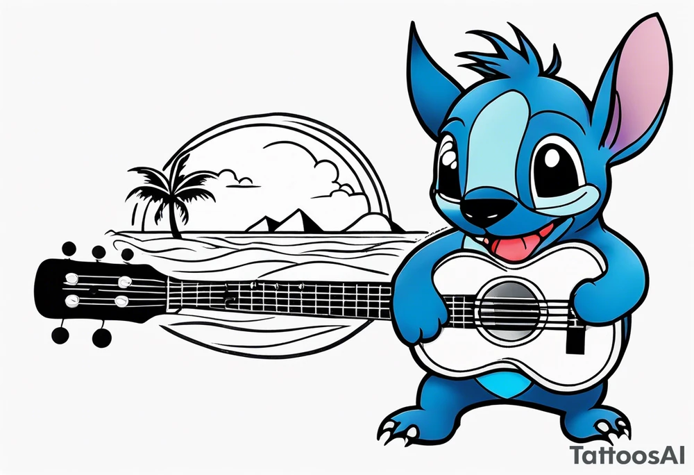 Stitch tattoo on arm under shoulder that is the version of stitch where he’s dressed up like Elvis playing a ukulele on a beach tattoo idea