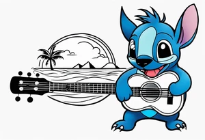 Stitch tattoo on arm under shoulder that is the version of stitch where he’s dressed up like Elvis playing a ukulele on a beach tattoo idea