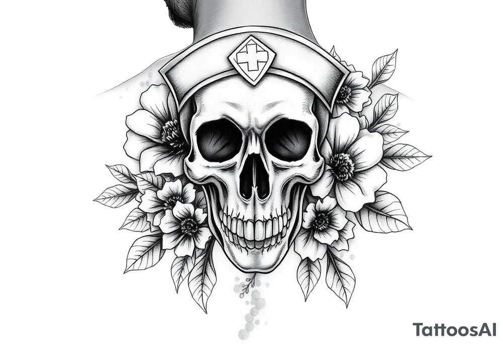 Skull nurse with flower’s and honey combs background tattoo idea