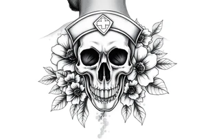 Skull nurse with flower’s and honey combs background tattoo idea