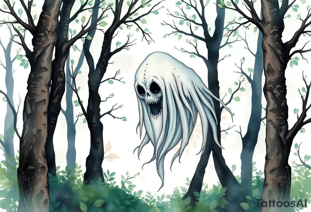 Eerie ghost looking creature in the woods tattoo idea