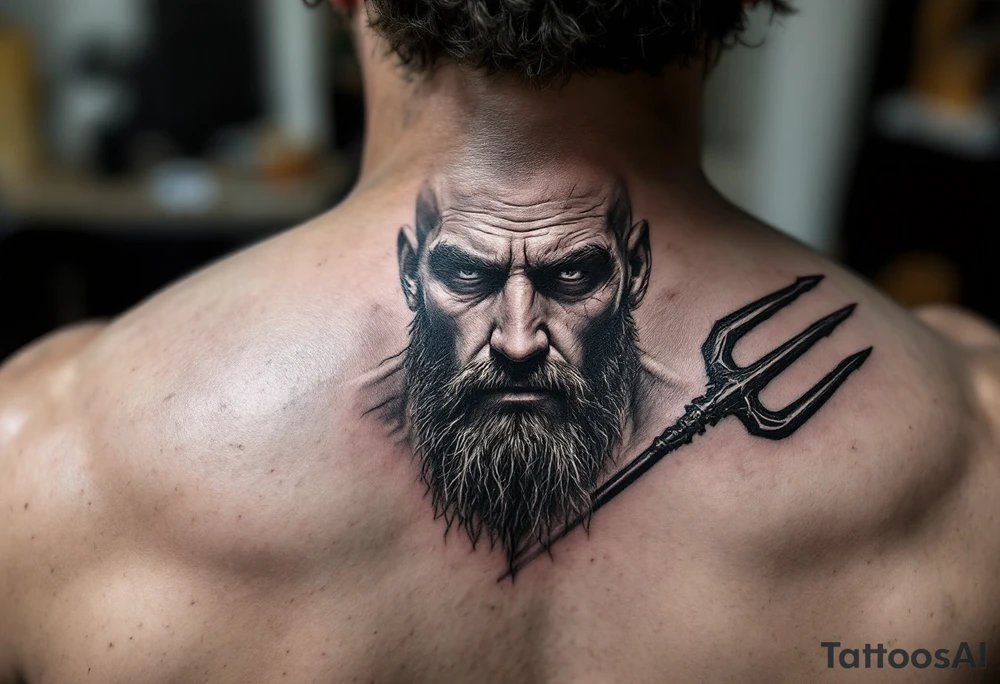 fit poseidon, behind a trident, looking at his nose tattoo idea