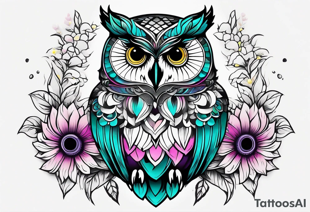 Black and white owl shaded teal, pink and purple surrounded by yellow sunflowers sleeve tattoo idea