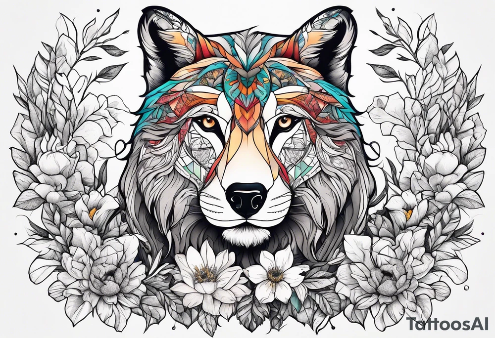 Wild brave animal in wildflowers tattoo idea
