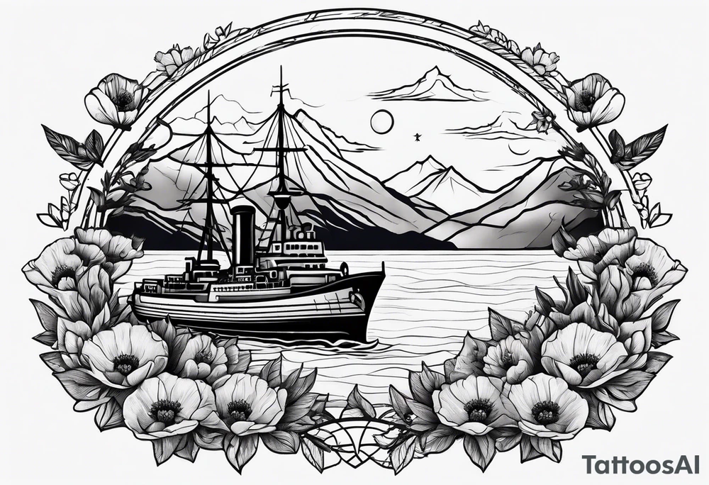 a small navy ship with mountains above it and poppy flowers below it tattoo idea