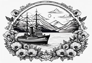 a small navy ship with mountains above it and poppy flowers below it tattoo idea