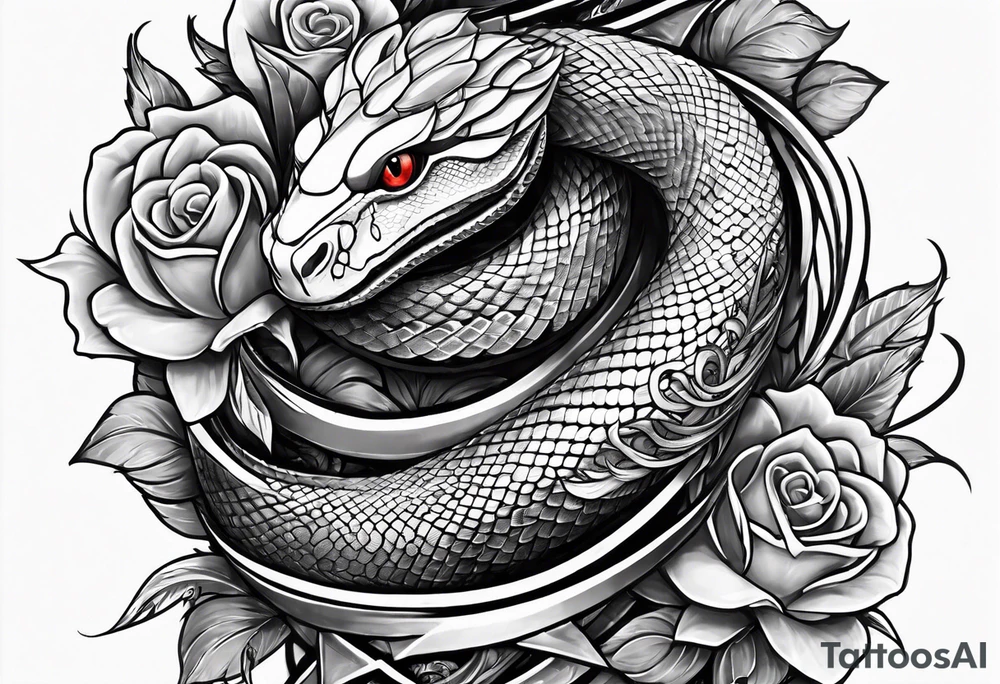 half sleeve tattoo with a snake wrapped around a sword and a heart tattoo idea