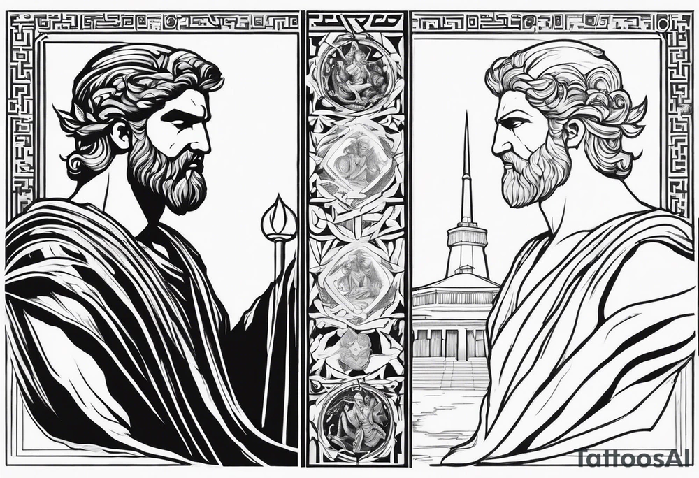 I want half sleeve tatto on the right arm 
With zeus and some thunder from his eyes, some text beside the zeus and  Temple of Olympian Zeus tattoo idea
