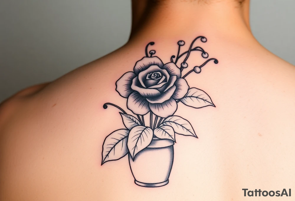 African violet, Daisy, Lily of the valley, Rose in a flower pot. Light color shading tattoo idea