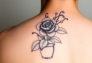 African violet, Daisy, Lily of the valley, Rose in a flower pot. Light color shading tattoo idea