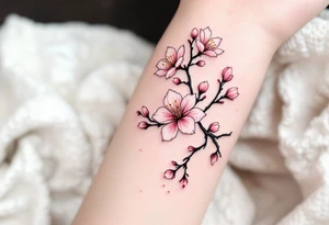 Black and White Linework with Pink Accents – Fine black ink outlines of cherry blossoms, filled selectively with pastel pinks for a modern, minimalist look. tattoo idea