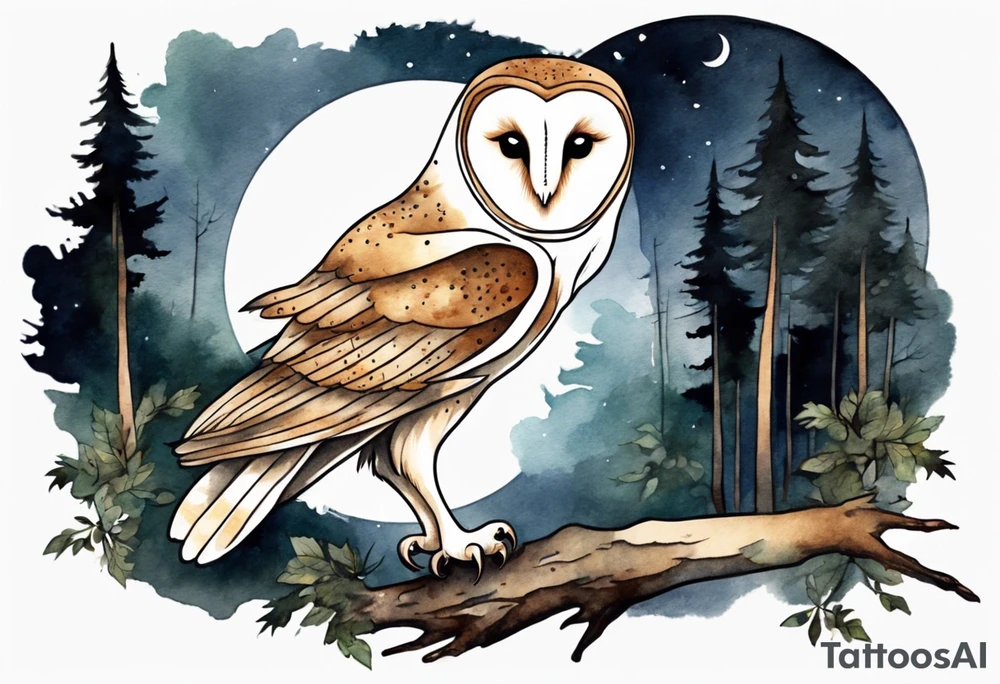 a barn owl with very long legs walking on a forest path at night tattoo idea