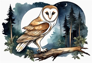 a barn owl with very long legs walking on a forest path at night tattoo idea