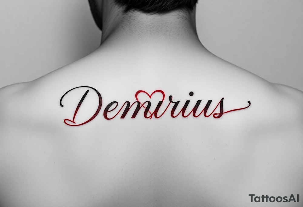 demarius name in cursive in red ink with a heart over the i tattoo idea