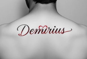 demarius name in cursive in red ink with a heart over the i tattoo idea