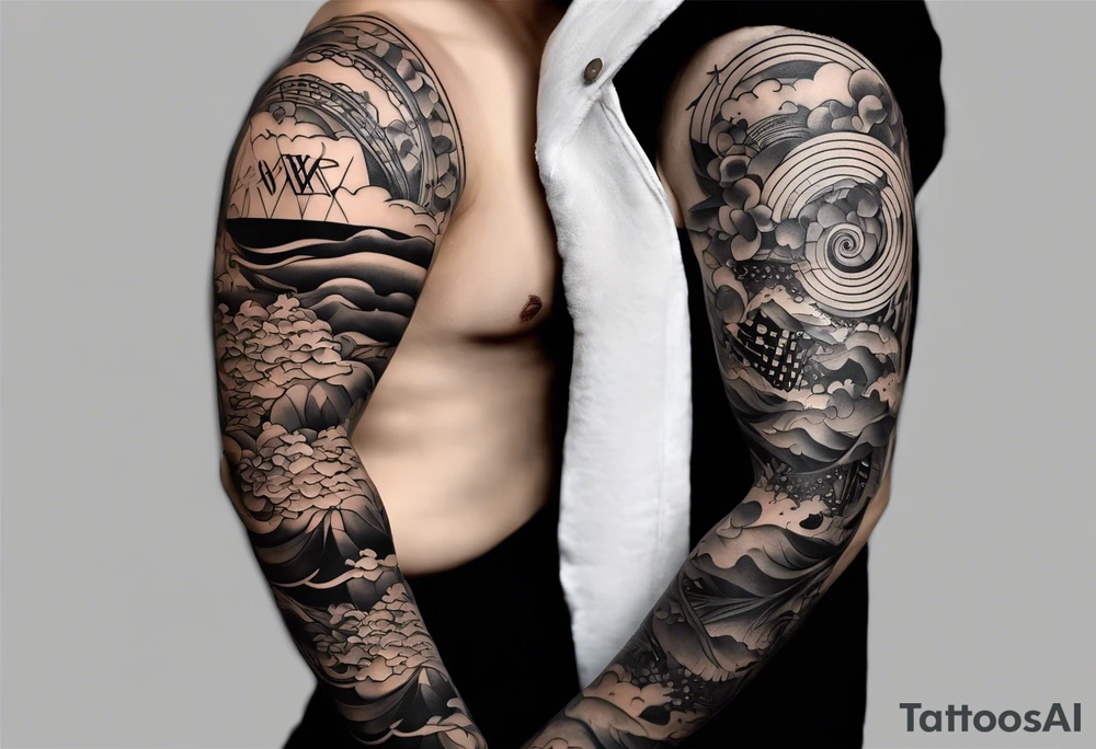 lots of empty space with simple line of icons down the back of the arm. there are four icons in this order:

1. a music note on a staff
2. a wave of water
3. a pocket
4. mushroom tattoo idea