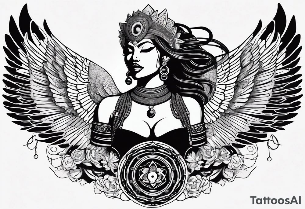 black kali, goddess pirate, alien, angel, pachamama, valkrye, warrior, flying, skull, lotus azul, wing, eagle, zenza resonance, stars, 5D, anahata chakra, death, durga, riding on a tiger, flying lady, kundalini, chest tatoo, rebel tattoo idea