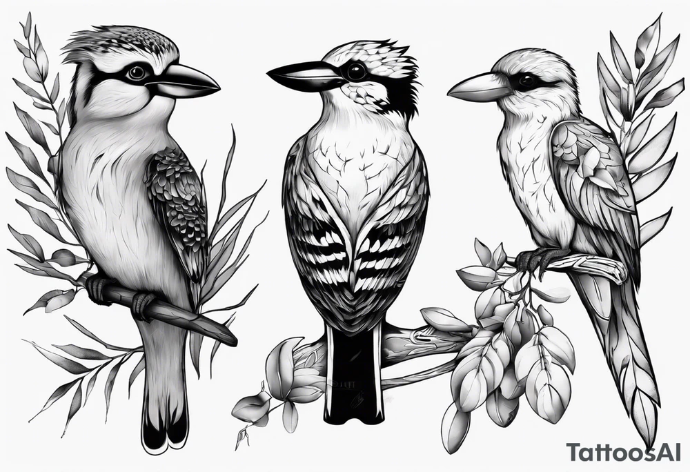 Kookaburra sitting with a koala sitting on wattle and eucalyptus leaves tattoo idea