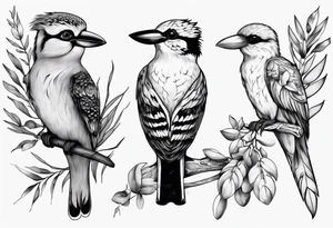 Kookaburra sitting with a koala sitting on wattle and eucalyptus leaves tattoo idea