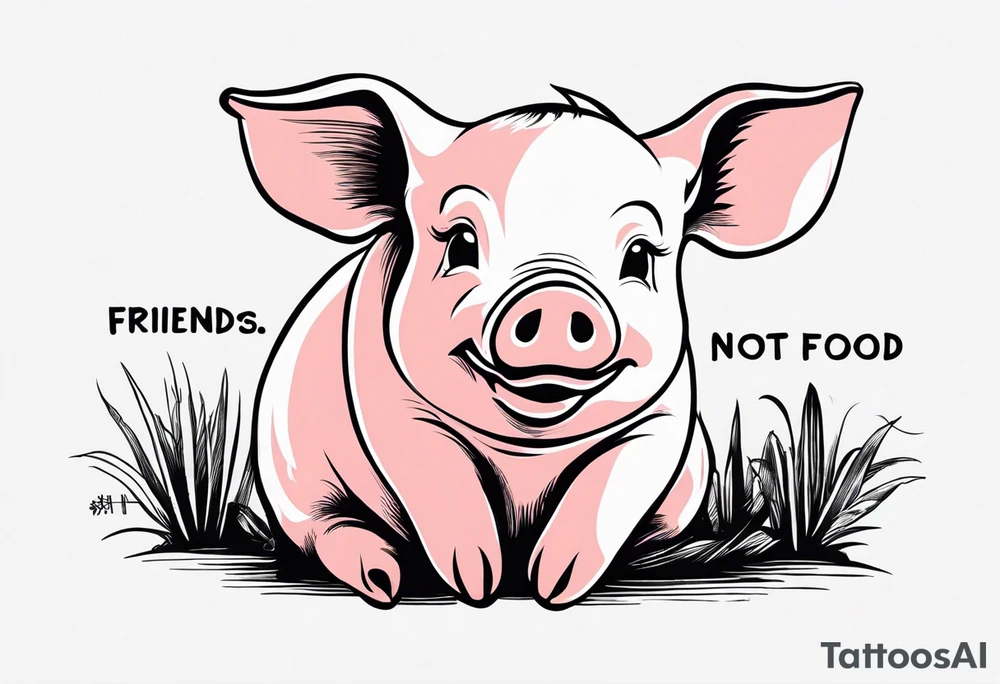 simple drawing of piglet or pig with text: "Friends. Not Food" included tattoo idea
