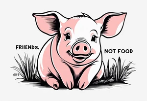 simple drawing of piglet or pig with text: "Friends. Not Food" included tattoo idea