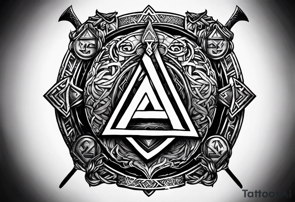 Valhalla shield sword axe Valknut fire runes tattoo idea