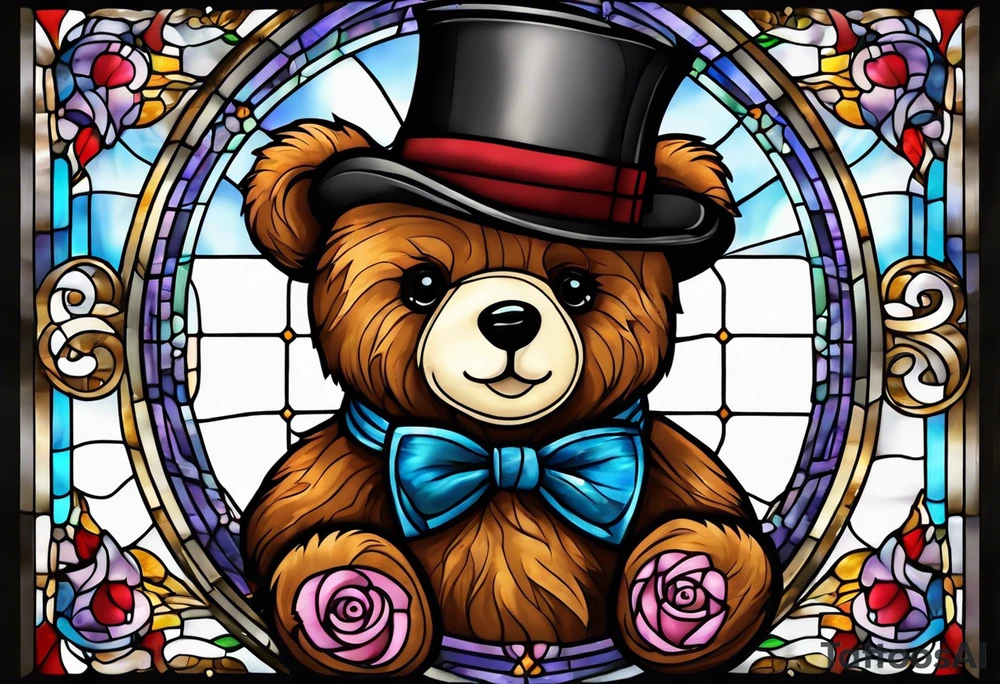 Teddy bear with bow tie stained glass tattoo idea