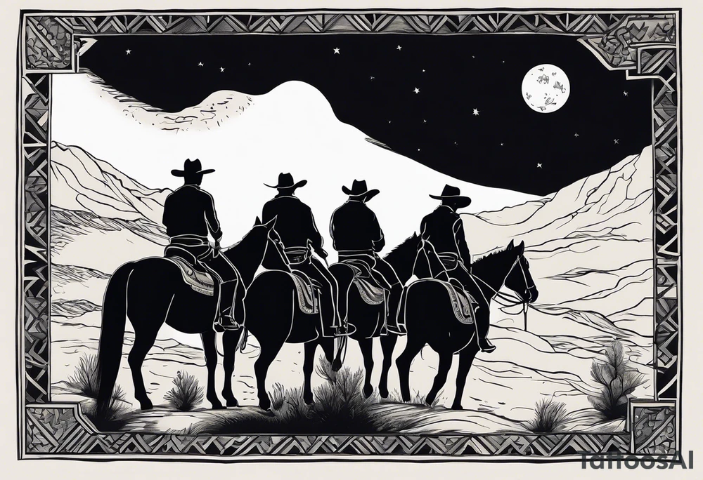 Four cowboys on horses in the moonlight on a dusty trail tattoo idea