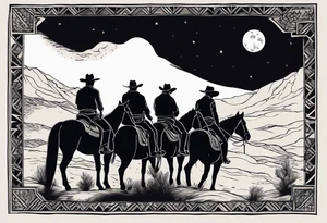 Four cowboys on horses in the moonlight on a dusty trail tattoo idea