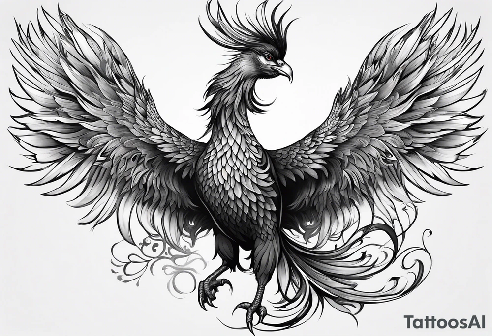 asian elegant long feathered phoenix
with a long neck, with short wings, majestic tattoo idea