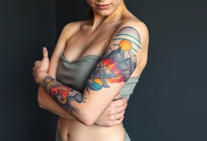 turtle sleeve with mountains, fire, water, air tattoo idea