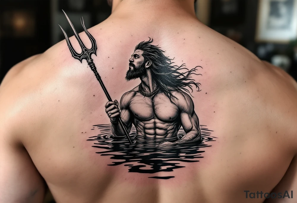 young, fit poseidon in calm water, holding a trident, holding a beer, looking at the sky tattoo idea